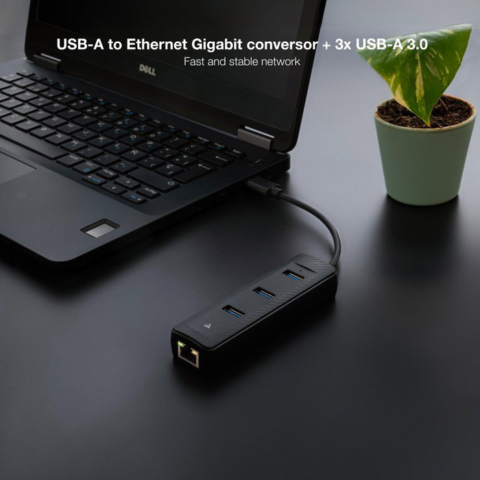 Nanocable Hub USB 3.0 con 3 puertos USB-A y RJ45, Negro